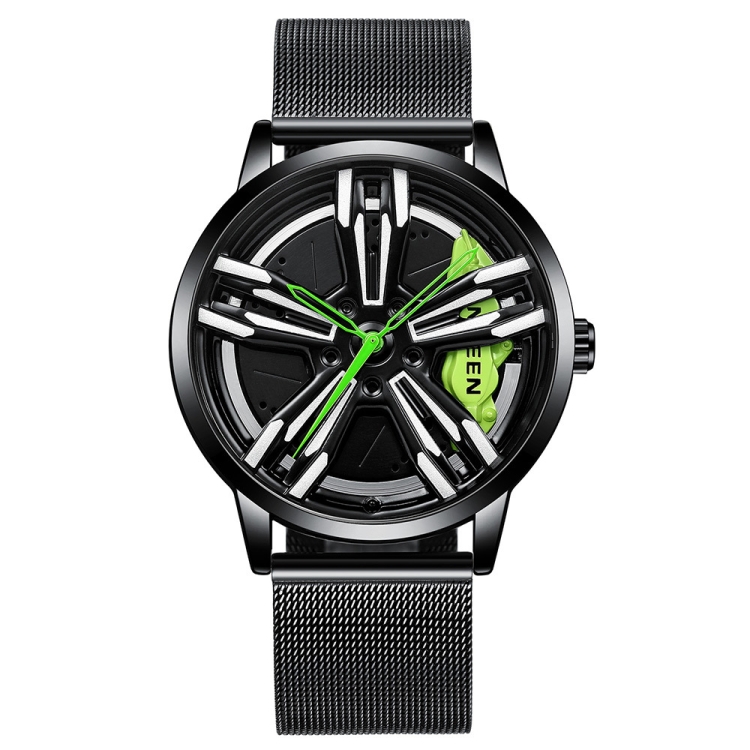 FNGEEN L001 Motorcycle Element Wheel Metal Men Watch(Black Net Black Steel Green Surface)