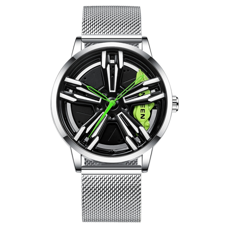 FNGEEN L001 Motorcycle Element Wheel Metal Men Watch(White Net White Steel Green Surface)