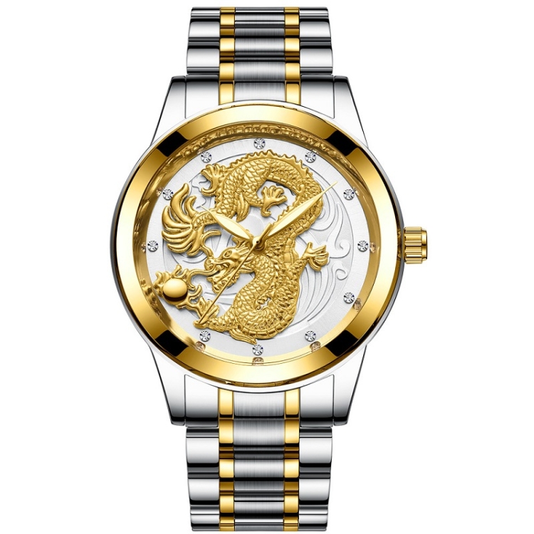 FNGEEN S666 Waterproof Luminous Watch Quartz Ultra-Thin Dragon Or Phoenix Pattern Couple Watch(Between Gold White Surface)