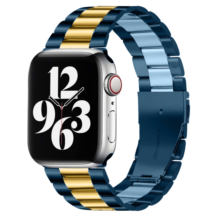 Fold Buckle 3 Beads Stainless Steel Watch Band For Apple Watch Ultra 49mm&Watch Ultra 2 49mm / Series 10 46mm / 9&8&7 45mm / SE 3&SE 2&6&SE&5&4 44mm / 3&2&1 42mm(Blue Gold)