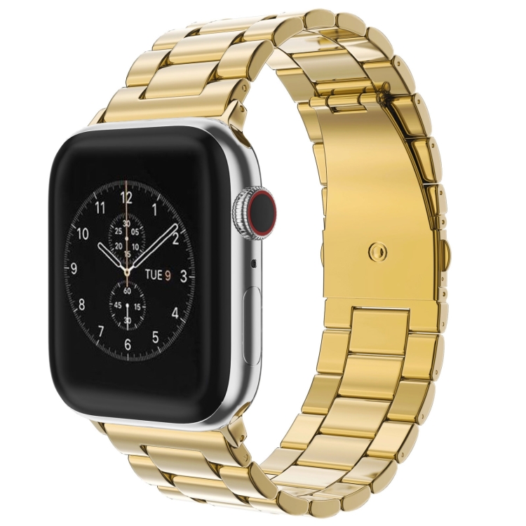 Fold Buckle 3 Beads Stainless Steel Watch Band For Apple Watch Ultra 49mm&Watch Ultra 2 49mm / Series 10 46mm / 9&8&7 45mm / SE 3&SE 2&6&SE&5&4 44mm / 3&2&1 42mm(Gold)