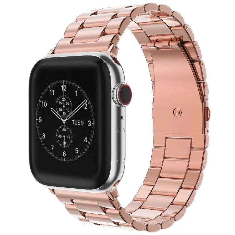 Fold Buckle 3 Beads Stainless Steel Watch Band For Apple Watch Ultra 49mm&Watch Ultra 2 49mm / Series 10 46mm / 9&8&7 45mm / SE 3&SE 2&6&SE&5&4 44mm / 3&2&1 42mm(Rose Gold)