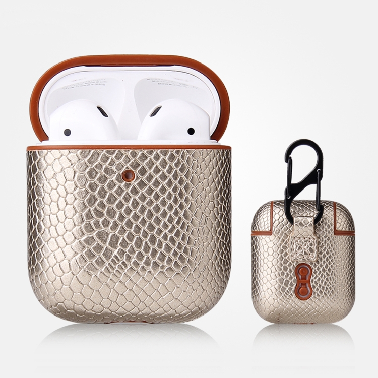 For AirPods 1 & 2 Anti-fall Snakeskin Texture PU Leather Protective Case with Carabiner(Gold)