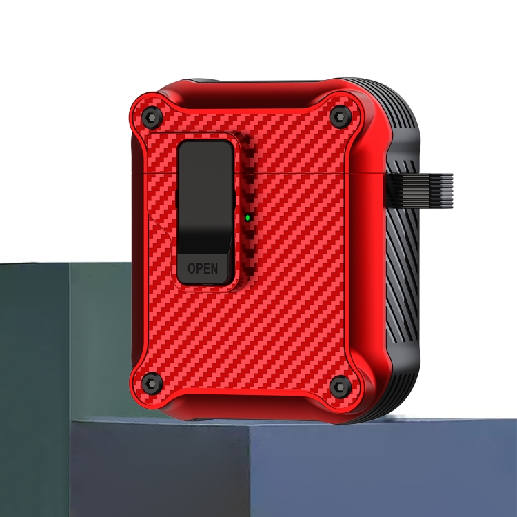 For AirPods 1 / 2 Carbon Fiber Magnetic Automatic Switch Earphone Protective Case(Red)