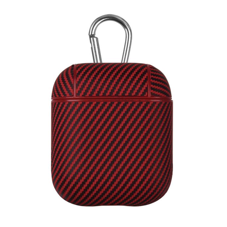 For AirPods 1 / 2 Carbon Fibre Texture PU Earbuds Box PC Case with Hook(Red)