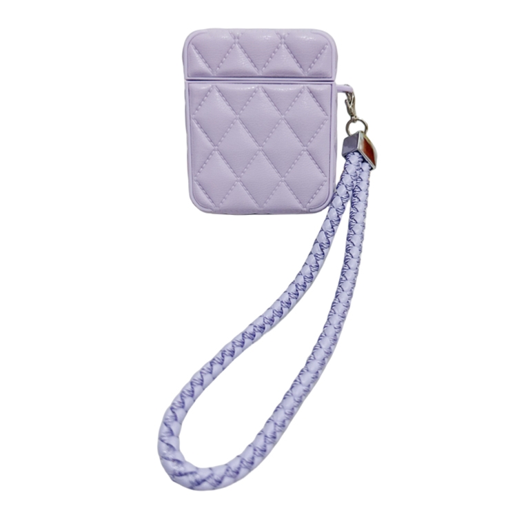 For AirPods 1 / 2 Down Coat Texture PU Earbuds Box PC Case with Lanyard(Purple)