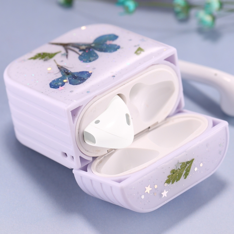 For AirPods 1 / 2 Gypsophila Flowers Pattern Wireless Earphone Protective Case(Dark Blue)