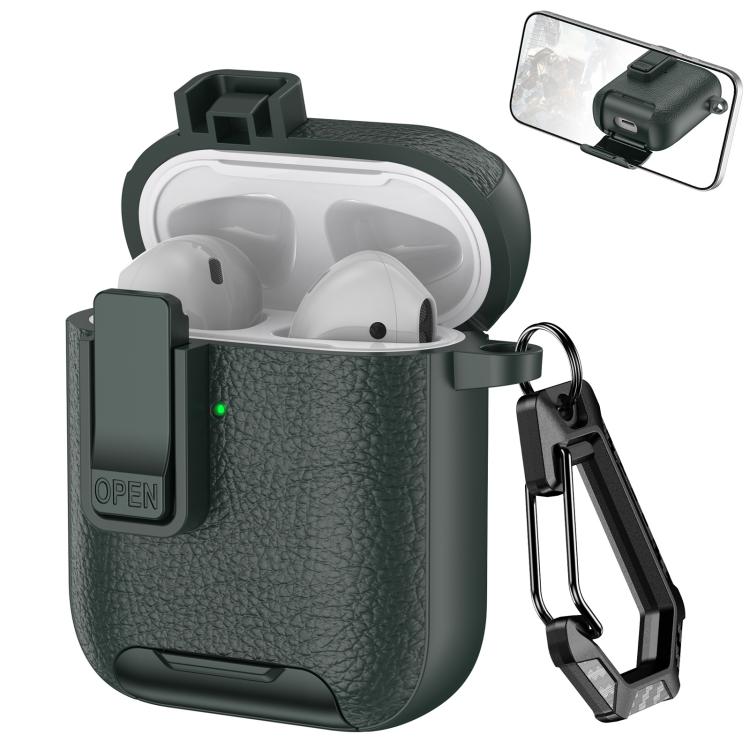 For AirPods 1 / 2 Leather Texture Wireless Earphones Case with Hook & Holder(Army Green)