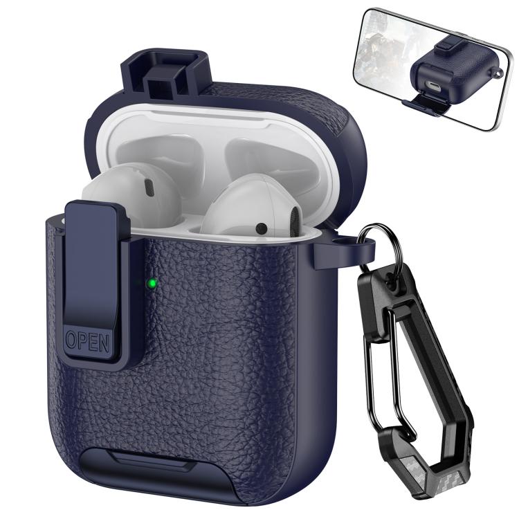 For AirPods 1 / 2 Leather Texture Wireless Earphones Case with Hook & Holder(Dark Blue)