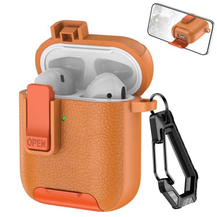 For AirPods 1 / 2 Leather Texture Wireless Earphones Case with Hook & Holder(Orange)