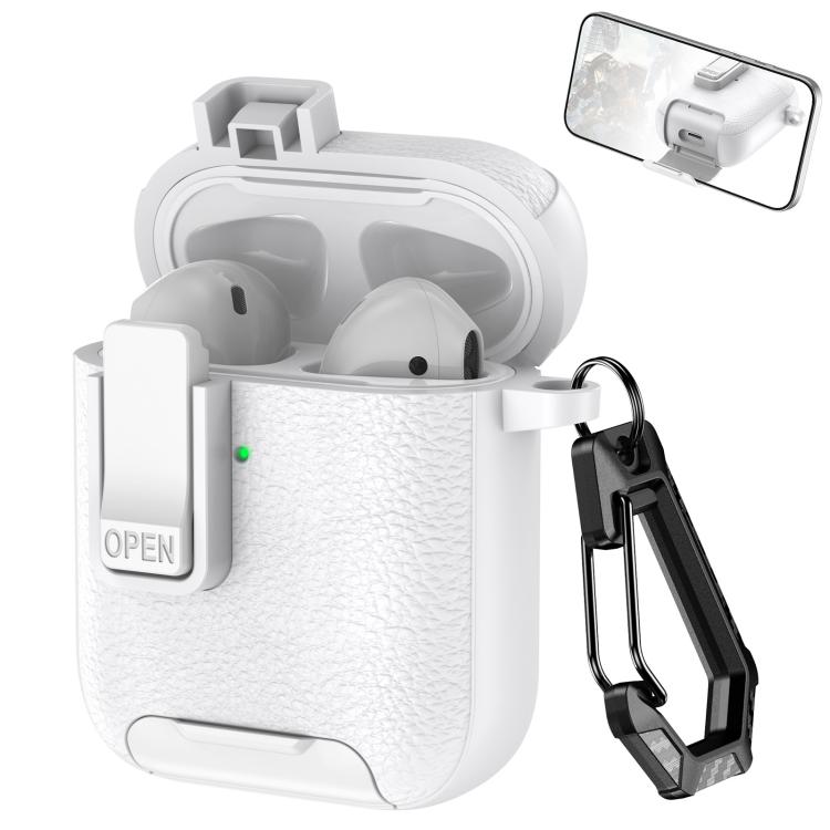 For AirPods 1 / 2 Leather Texture Wireless Earphones Case with Hook & Holder(White)
