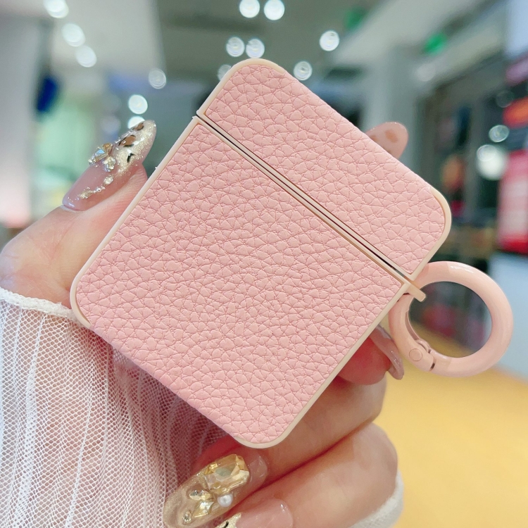 For AirPods 1 / 2 Litchi Texture Leather Sticker Earphones Protective Case(Pink)