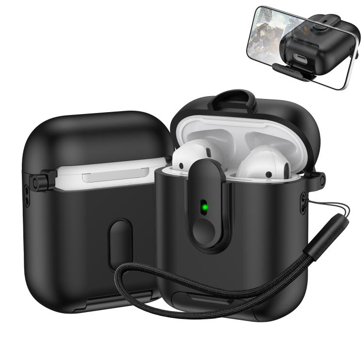 For AirPods 1 / 2 One-piece Holder Wireless Earphones Case with Lanyard(Black)