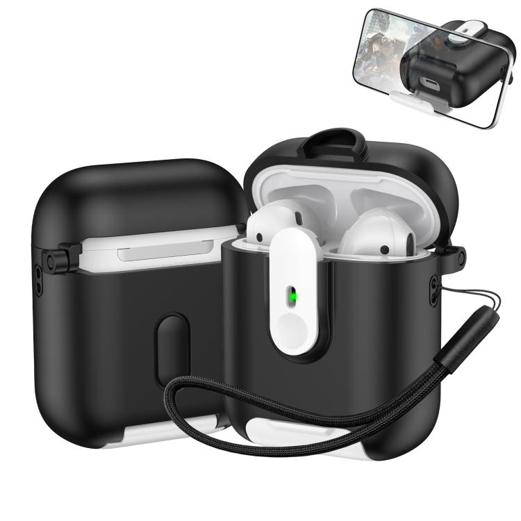 For AirPods 1 / 2 One-piece Holder Wireless Earphones Case with Lanyard(Black White)