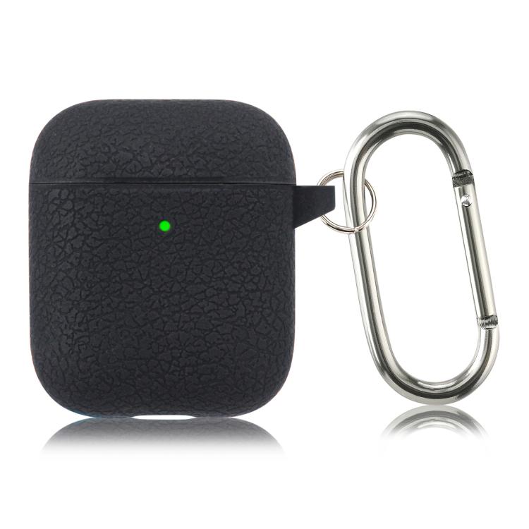 For AirPods 1 / 2 Simple Solid Color Litchi Texture Silicone Earphone Protective Case with Hook(Black)