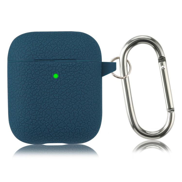 For AirPods 1 / 2 Simple Solid Color Litchi Texture Silicone Earphone Protective Case with Hook(Dark Green)