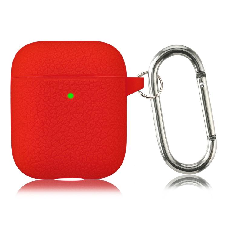 For AirPods 1 / 2 Simple Solid Color Litchi Texture Silicone Earphone Protective Case with Hook(Red)