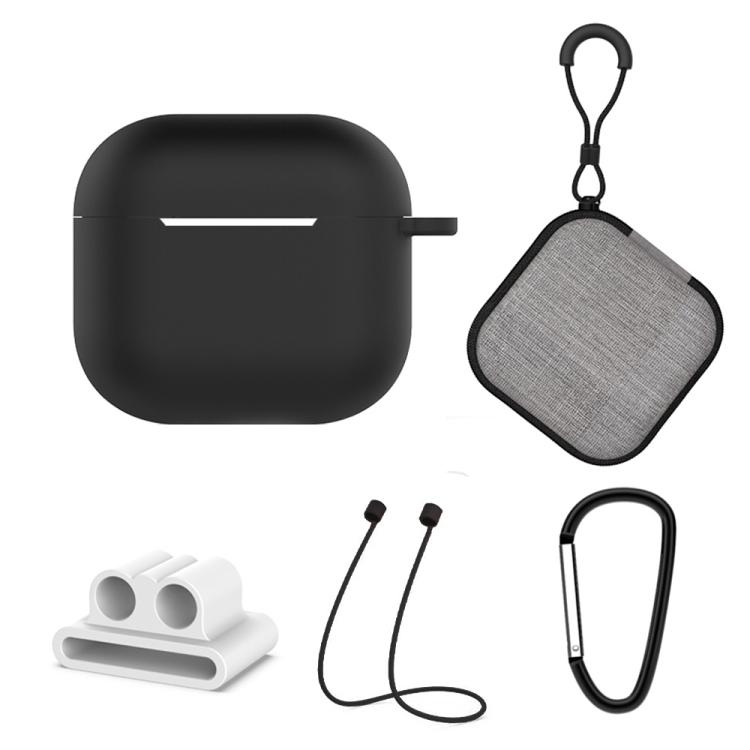 For AirPods 4 5 in 1 Silicone Earphone Protective Case + Earphone Bag + Earphones Buckle + Hook + Anti-lost Rope Set(Black)