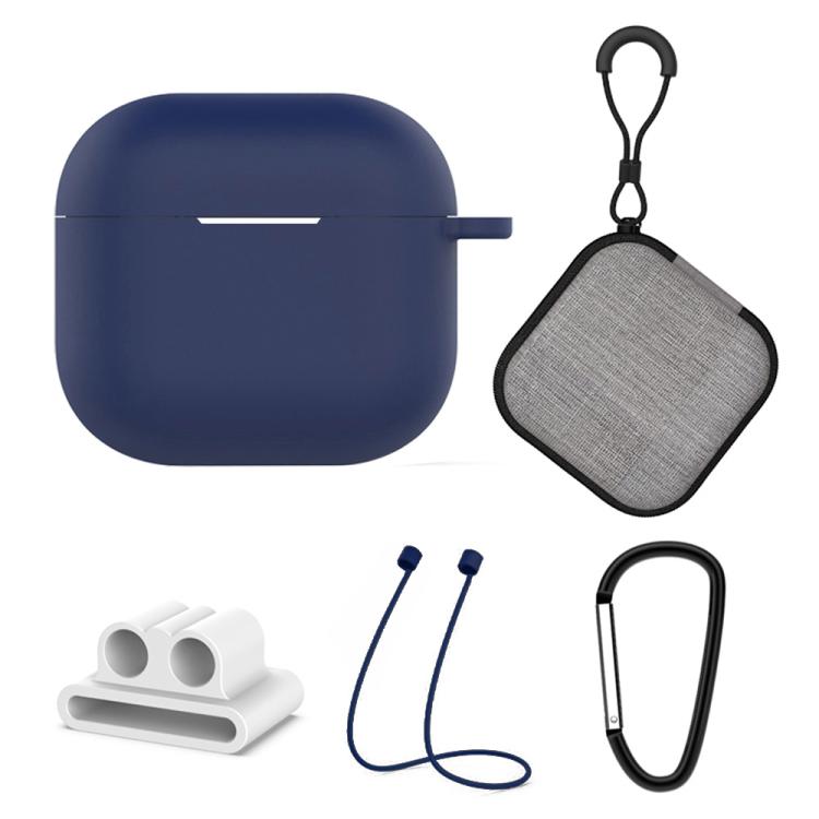 For AirPods 4 5 in 1 Silicone Earphone Protective Case + Earphone Bag + Earphones Buckle + Hook + Anti-lost Rope Set(Dark Blue)