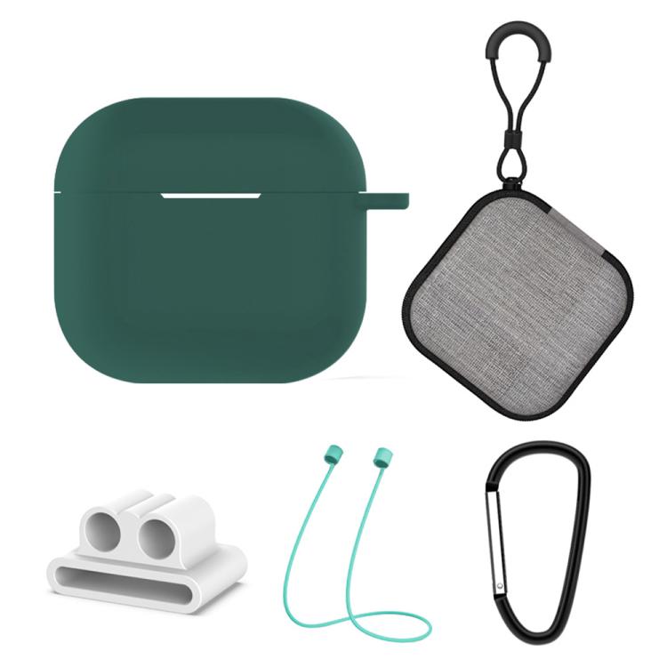 For AirPods 4 5 in 1 Silicone Earphone Protective Case + Earphone Bag + Earphones Buckle + Hook + Anti-lost Rope Set(Midnight Green)