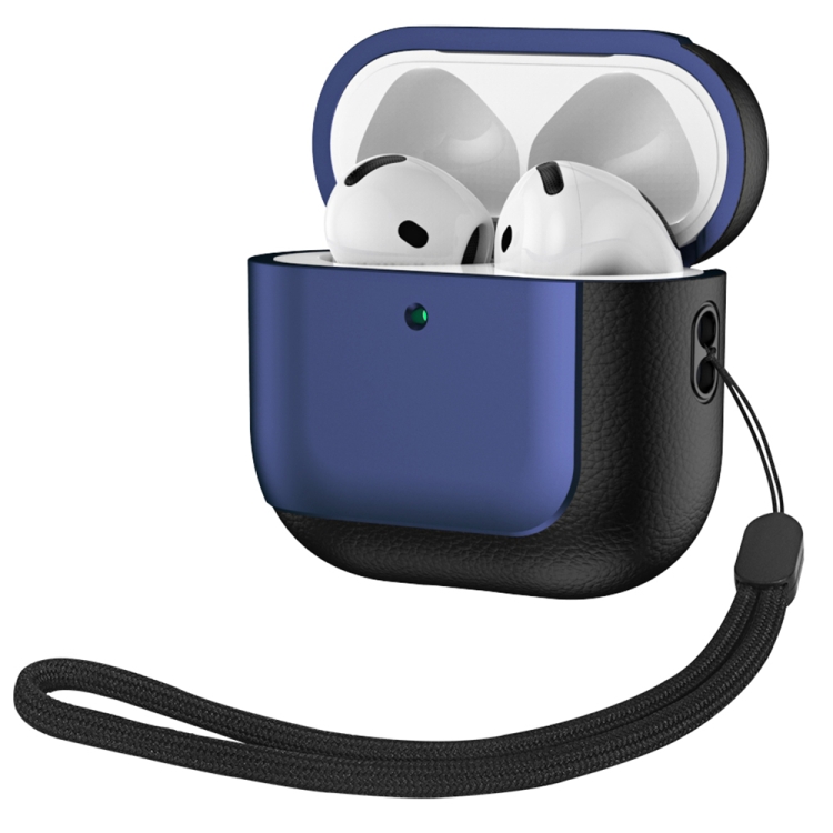 For AirPods 4 ANC Electroplating Leather Texture Wireless Earbuds Box Protective Case(Navy Blue)