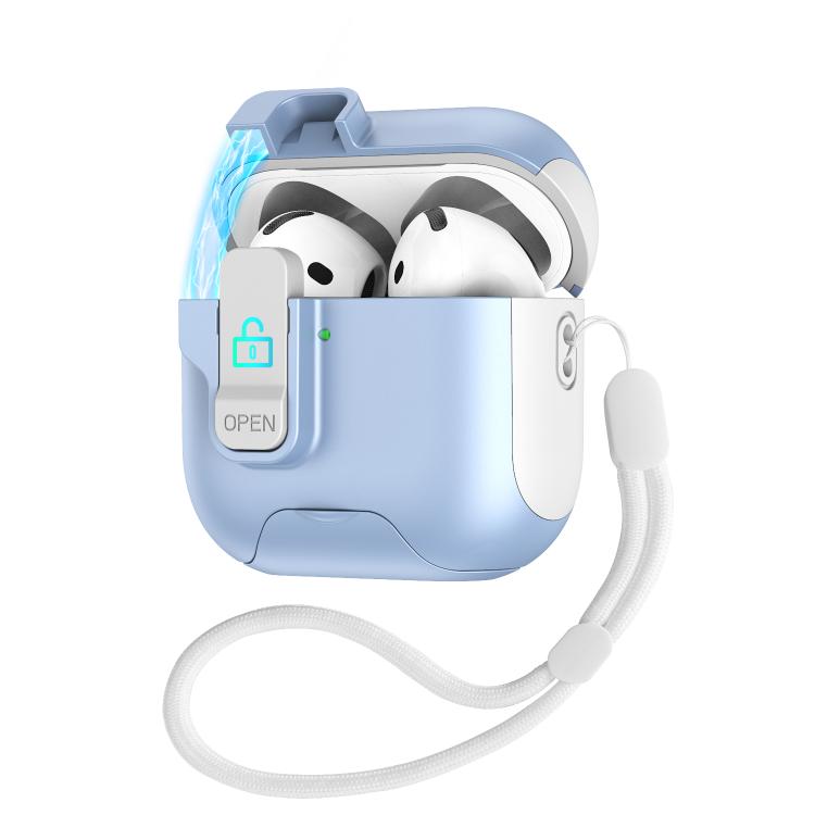 For AirPods 4 Automatic Pop-up Cover Holder Earphone Case with Switch Lock(White Light Blue)