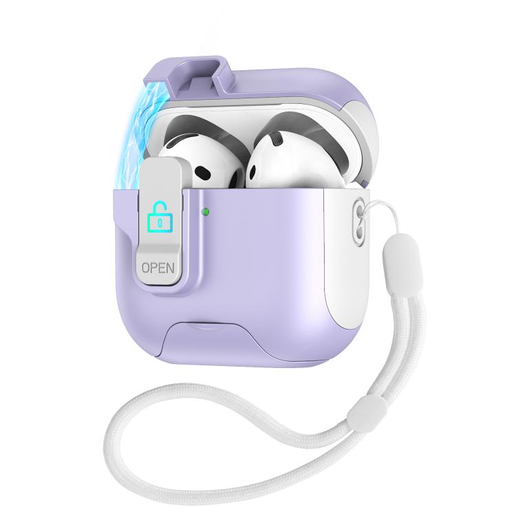For AirPods 4 Automatic Pop-up Cover Holder Earphone Case with Switch Lock(White Purple)