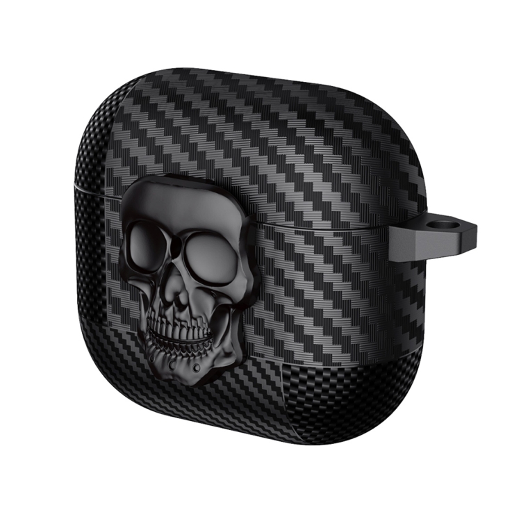 For AirPods 4 Carbon Fiber Pattern Skull Lock Bluetooth Earphone Protective Case(Black)