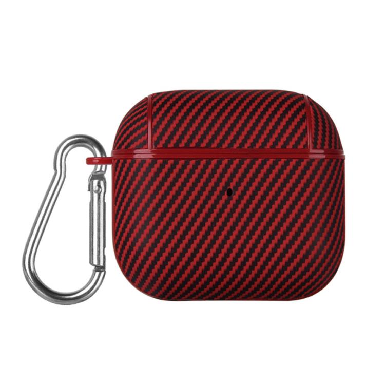For AirPods 4 Carbon Fibre Texture PU Earbuds Box PC Case with Hook(Red)