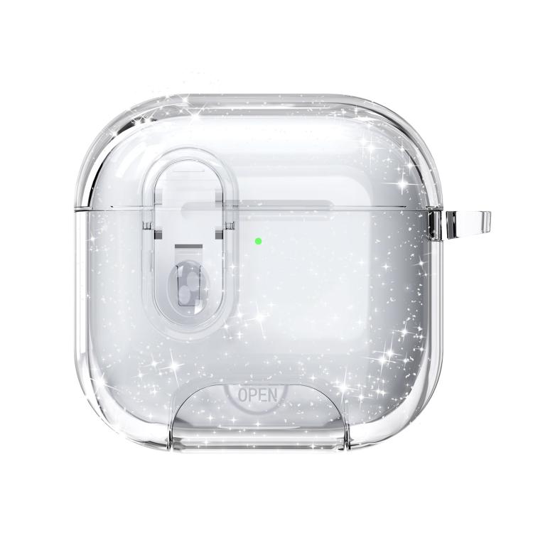 For AirPods 4 Clear Armor Security Lock Wireless Earphones Case with Hook & Holder(Transparent Glitter)