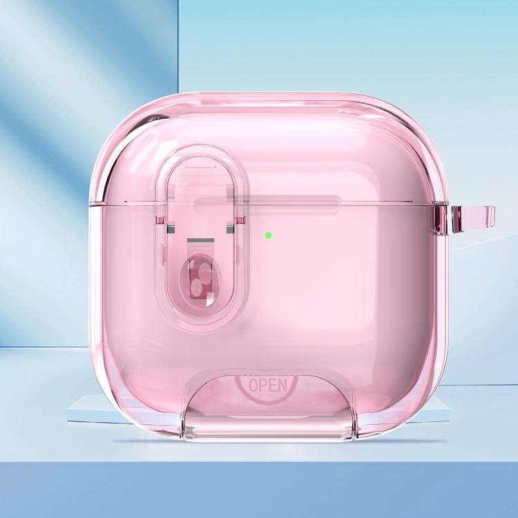 For AirPods 4 Clear Armor Security Lock Wireless Earphones Case with Hook & Holder(Transparent Pink)