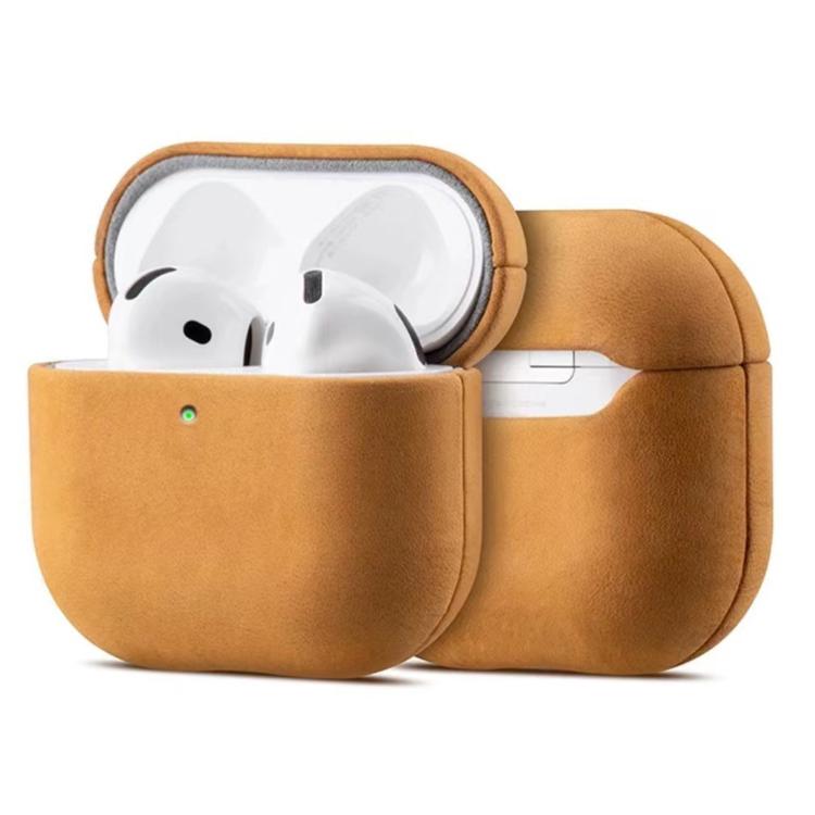For AirPods 4 Crazy Horse Genuine Leather Earbuds Protective Case(Light Brown)