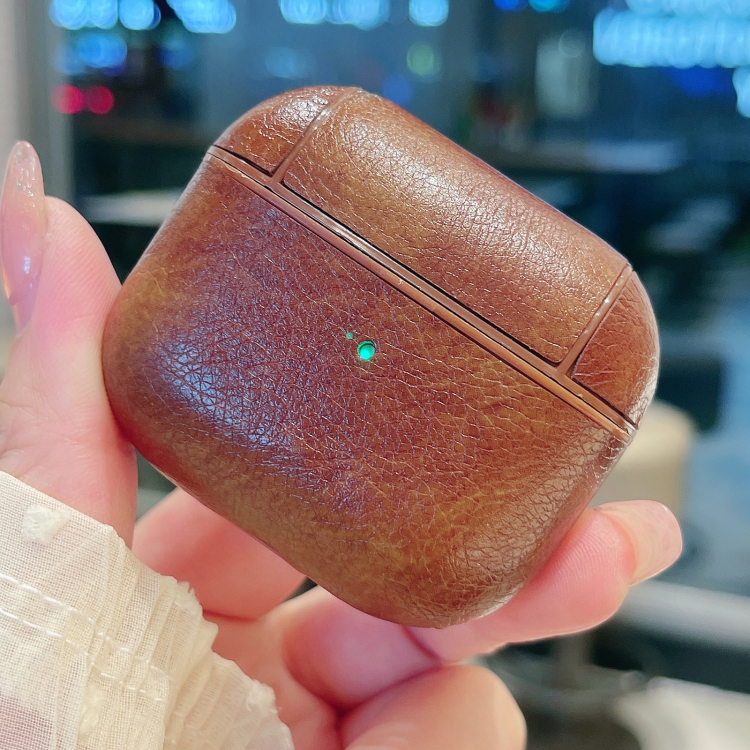 For AirPods 4 Crazy Horse Texture PU Earbuds Box PC Case with Hook(Dark Brown)