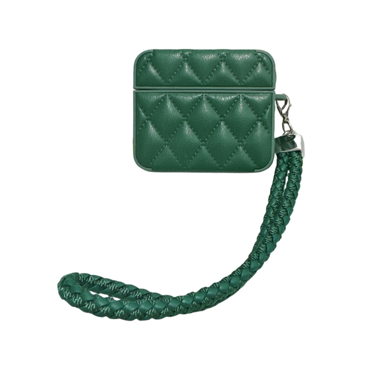 For AirPods 4 Down Coat Texture PU Earbuds Box PC Case with Lanyard(Green)