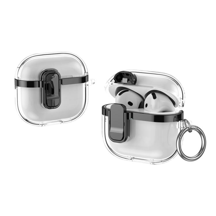 For AirPods 4 Electroplating Transparent Wireless Earphones Case with Security Lock(Black)