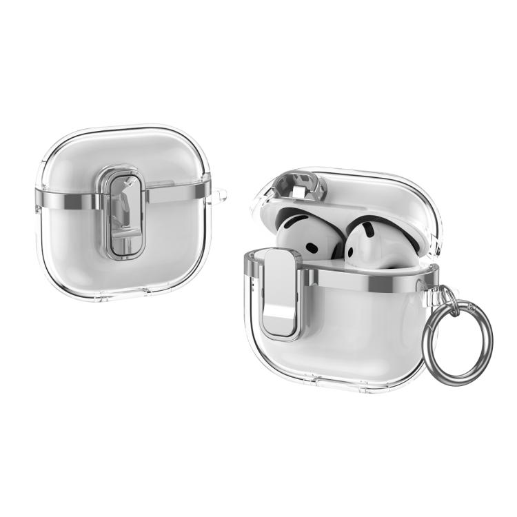 For AirPods 4 Electroplating Transparent Wireless Earphones Case with Security Lock(Silver)