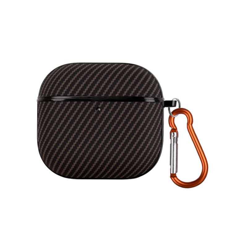For AirPods 4 Fibre Texture PU Earbuds Box PC Case with Hook(Brown)