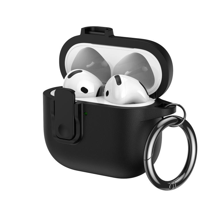 For AirPods 4 Grained Leather Look TPU Earphone Cover with Ring Hook(Classic Black)