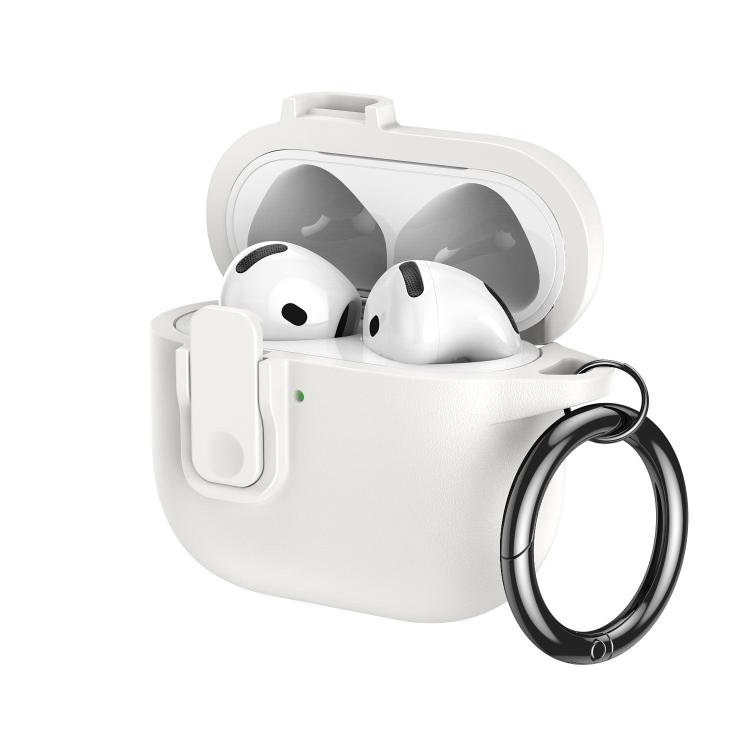 For AirPods 4 Grained Leather Look TPU Earphone Cover with Ring Hook(Elegant White)