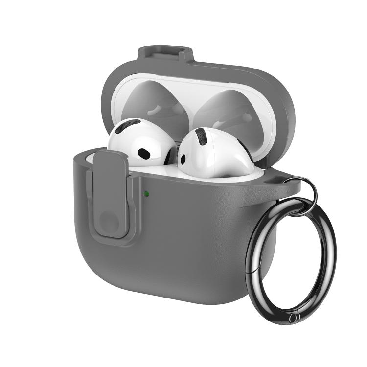 For AirPods 4 Grained Leather Look TPU Earphone Cover with Ring Hook(Grey)