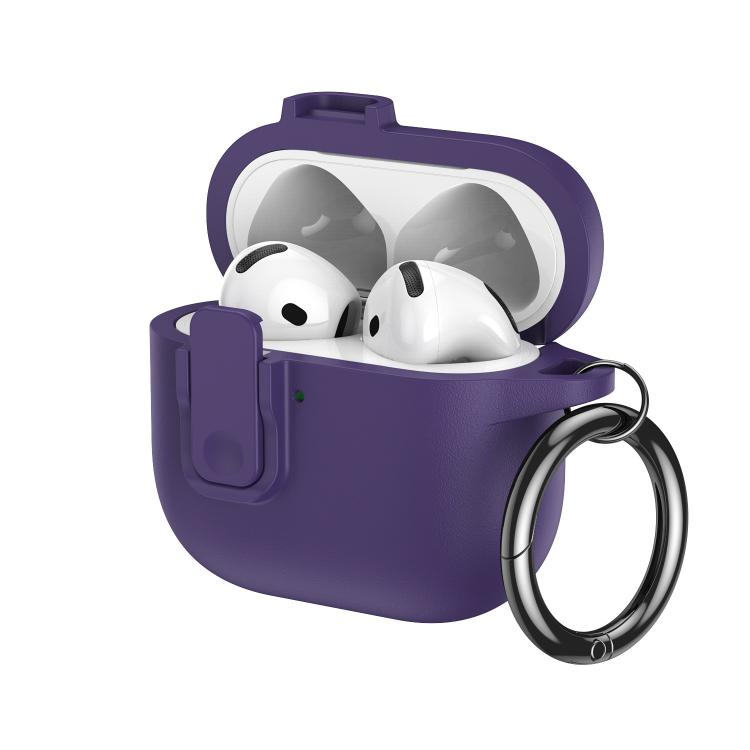 For AirPods 4 Grained Leather Look TPU Earphone Cover with Ring Hook(Lavender Purple)
