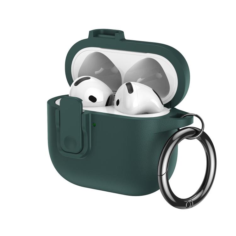 For AirPods 4 Grained Leather Look TPU Earphone Cover with Ring Hook(Mountain Green)