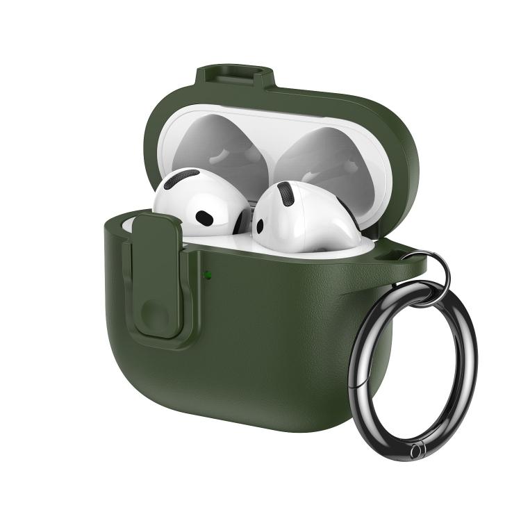 For AirPods 4 Grained Leather Look TPU Earphone Cover with Ring Hook(Mountain Ridge Green)
