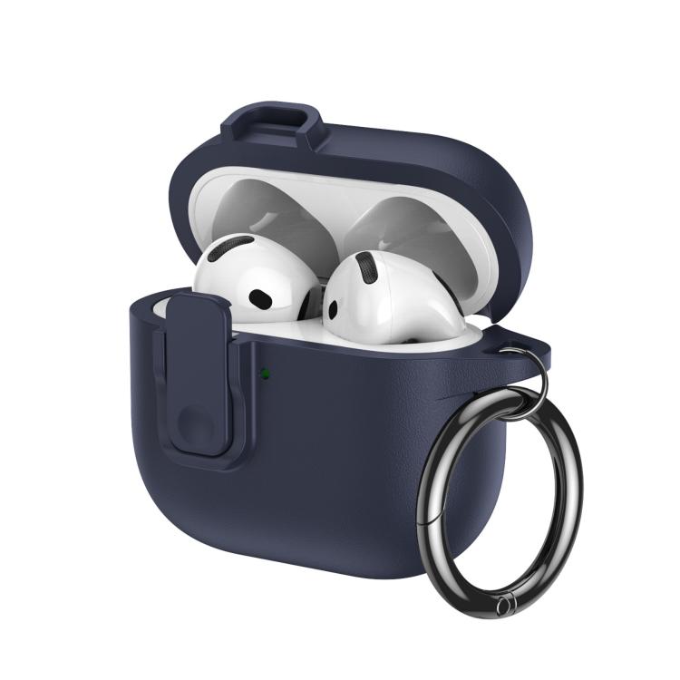 For AirPods 4 Grained Leather Look TPU Earphone Cover with Ring Hook(Navy Blue)