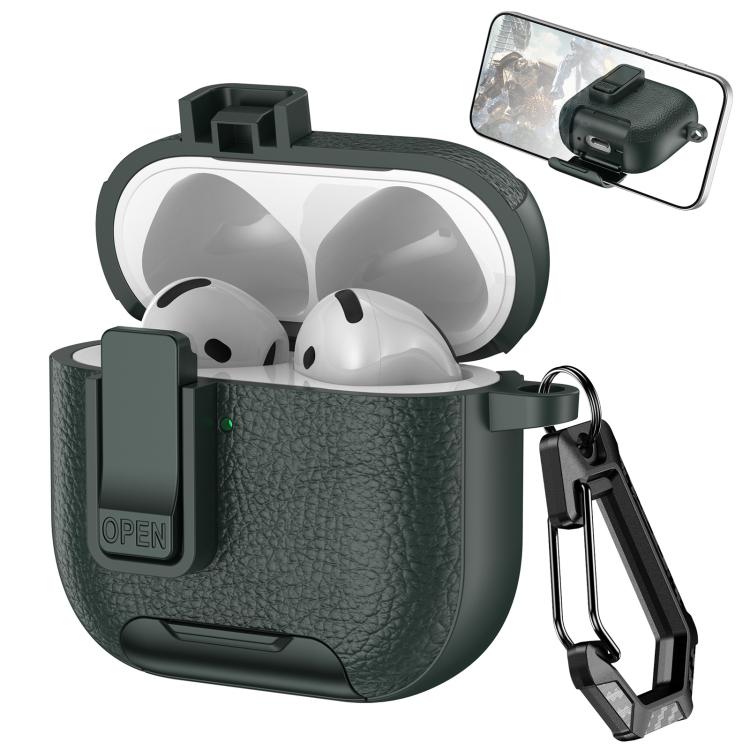 For AirPods 4 Leather Texture Wireless Earphones Case with Hook & Holder(Army Green)