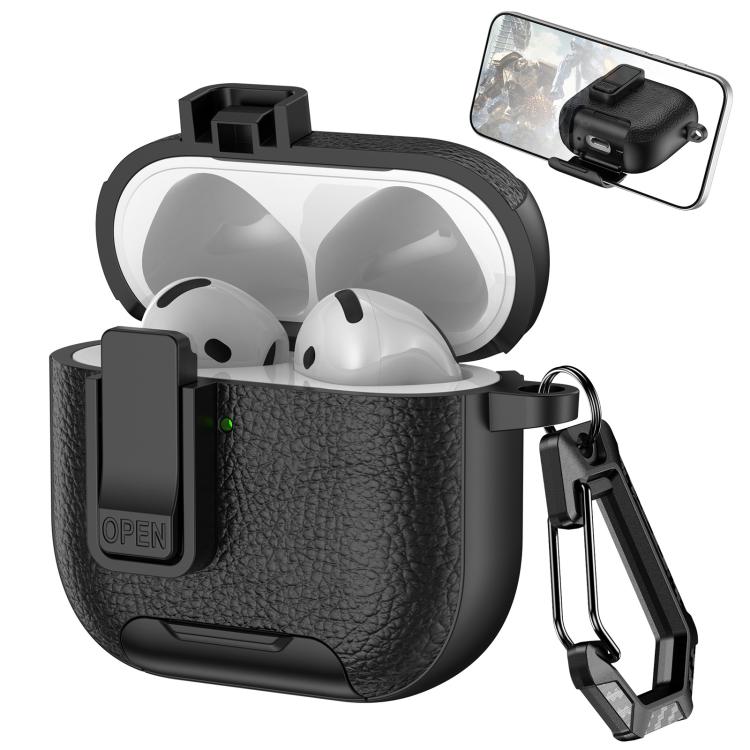 For AirPods 4 Leather Texture Wireless Earphones Case with Hook & Holder(Black)