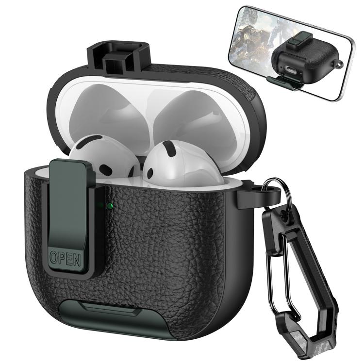 For AirPods 4 Leather Texture Wireless Earphones Case with Hook & Holder(Black Army Green)