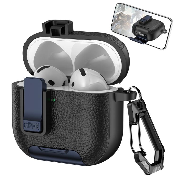 For AirPods 4 Leather Texture Wireless Earphones Case with Hook & Holder(Black Dark Blue)