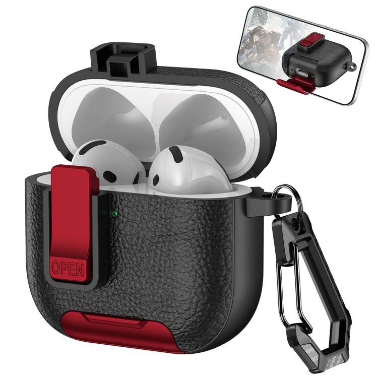 For AirPods 4 Leather Texture Wireless Earphones Case with Hook & Holder(Black Red)