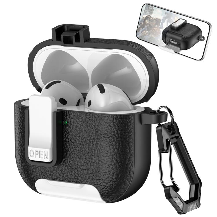 For AirPods 4 Leather Texture Wireless Earphones Case with Hook & Holder(Black White)